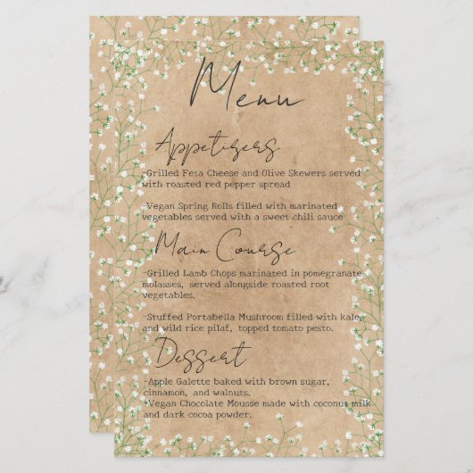 Baby's Breath Flowers Rustic Boho Wedding Menu (Voorkant / Achterkant)