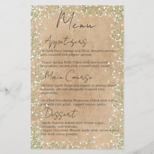 Baby's Breath Flowers Rustic Boho Wedding Menu (Voorkant)
