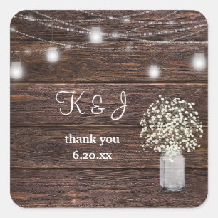 Baby's Breath, Hout & Mason Jar Slingerlichtjes Vierkante Sticker