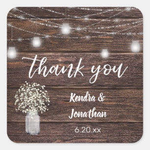 Baby's Breath Hout & Pot String Lichtjes Dank Je Vierkante Sticker