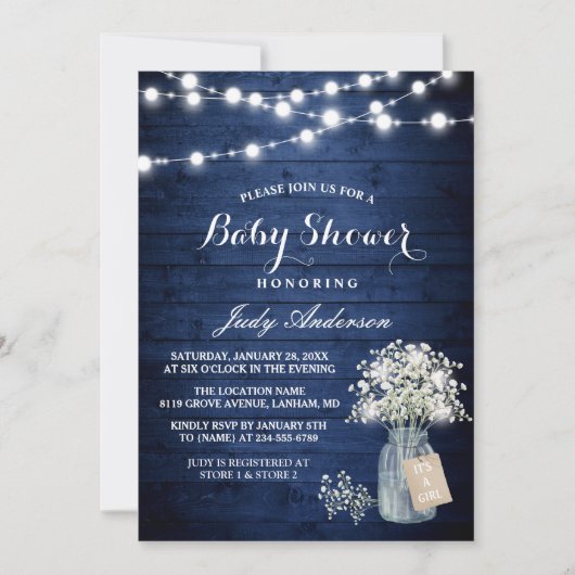 Baby's Breath Lights Rustic Navy Blue Baby shower Kaart (Voorkant)