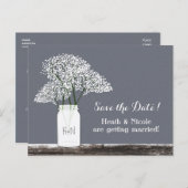 Baby's Breath Mason Jar Bewaar Datum Grijze Ansich Aankondigingskaart (Voorkant / Achterkant)