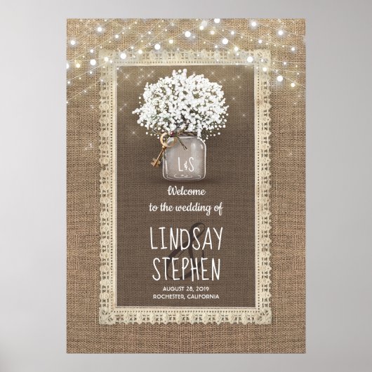 Baby's Breath Mason Jar en Burlap Wedding Welcome Poster (Voorkant)