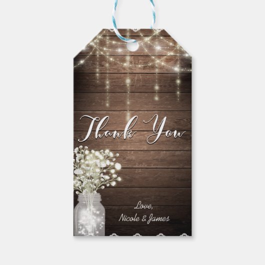 Baby's Breath Mason Jar Lights & Wood Bruiloft Cadeaulabel (Voorkant)