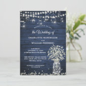 Baby's Breath Mason Jar Rustic Blue Wood Wedding Kaart (Staand voorkant)