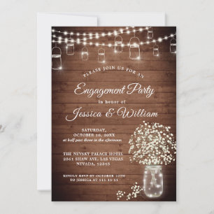 Baby's Breath Mason Jar Rustic Engagement Party Kaart