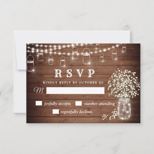 Baby's Breath Mason Jar Rustic RSVP Card Kaartje (Voorkant)
