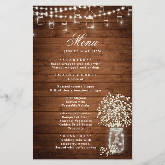 Baby's Breath Mason Jar Rustic Wedding Dinner Menu (Voorkant)