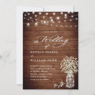 Baby's Breath Mason Jar Rustic Wood Wedding Kaart