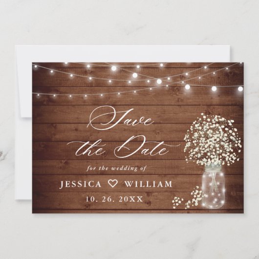 Baby's Breath Mason Jar Rustic Wood Wedding Save The Date (Voorkant)