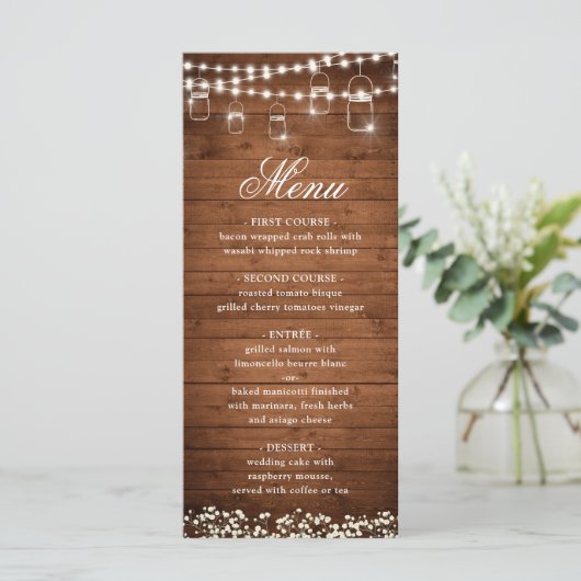 Baby's Breath Mason Jar Rustiek Bruiloft Diner Menu (Staand voorkant)