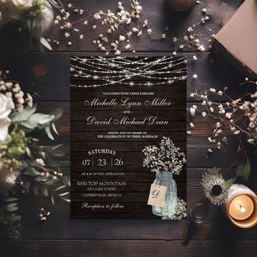 Baby's Breath Mason Jar Rustieke bruiloft uitnodig Kaart