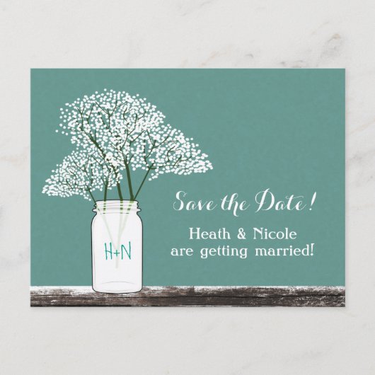 Baby's Breath Mason Jar Save The Date ansichtkaart Aankondigingskaart (Voorkant)
