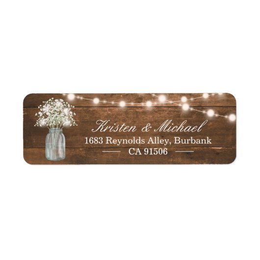 Baby's Breath Mason Jar String Lights Rustic Wood Etiket (Voorkant)