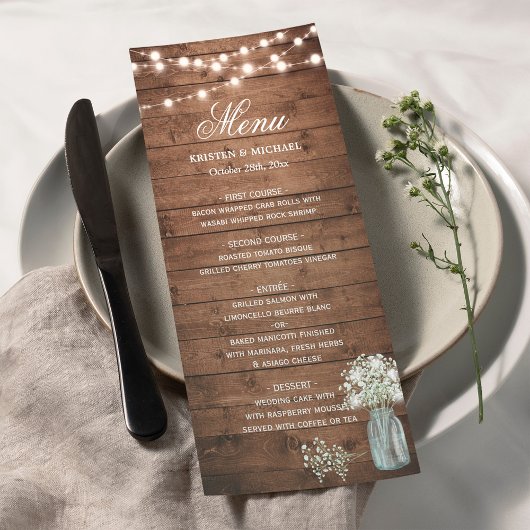 Baby's Breath Mason Jar String Lights Wedding Menu