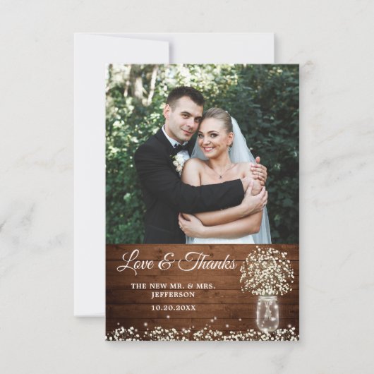 Baby's Breath Mason Jar Wood Photo Thank You Card Bedankkaart (Voorkant)