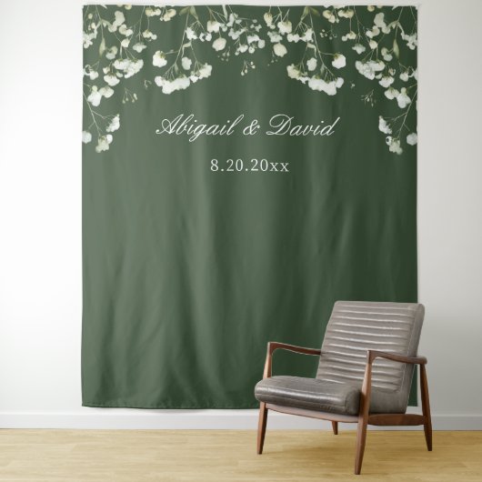 Baby's Breath op Sage Green Wedding Achtergrond Wandkleed (In situ)