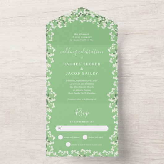 Baby's Breath op Sage Groene Bloemen Lente Bruilof All In One Uitnodiging (Binnen)