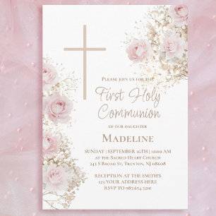 Baby's Breath roze rozen Eerste Heilige Communie Kaart
