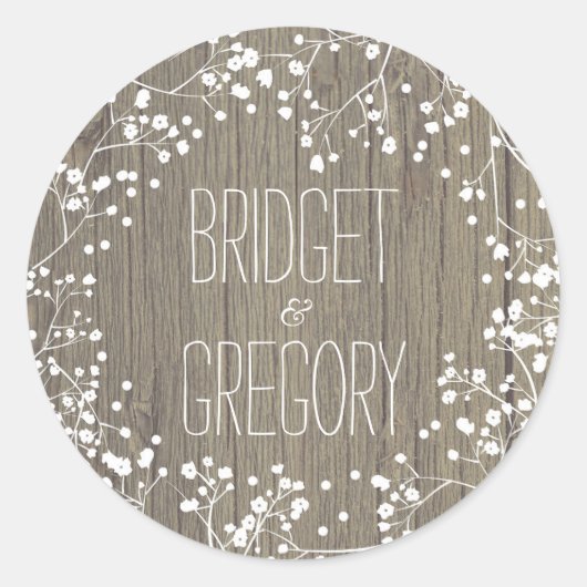 Baby's Breath Rustiek Houten Bruiloft Ronde Sticker (Voorkant)