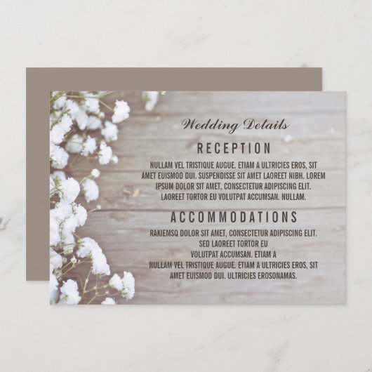 Baby's Breath Rustieke Bruiloft Details / Informat Informatiekaartje (Voorkant / Achterkant)