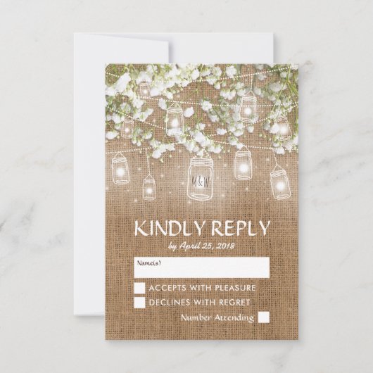 Baby's Breath Rustieke Burlap Bruiloft RSVP Kaartje (Voorkant)