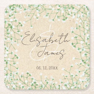 Baby's Breath Witte Bloemen Rustieke Boho Bruiloft Vierkante Kartonnen Onderzetter