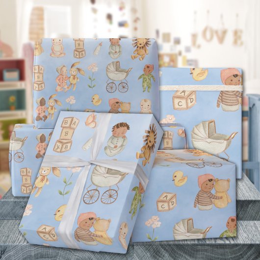 Baby's & Dieren Internationaal Blauw Cadeaupapier