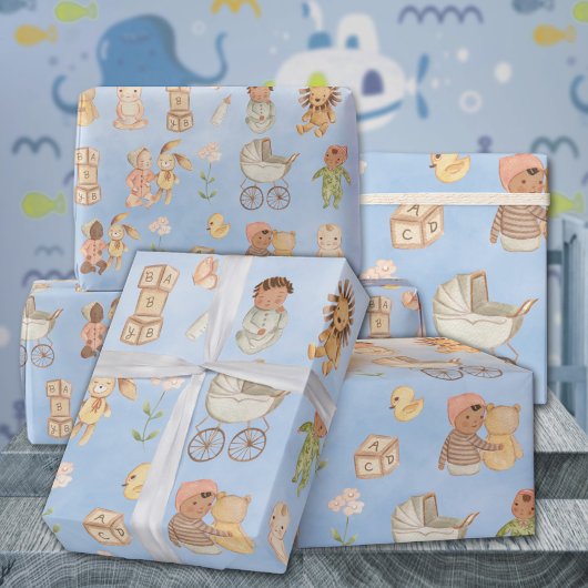 Baby's & Dieren Internationaal Blauw Cadeaupapier