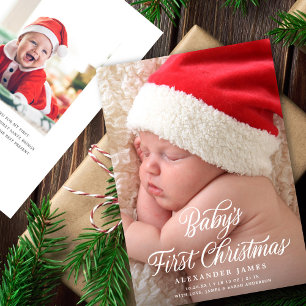 Baby's eerste elegante kerstscript twee foto's feestdagenkaart