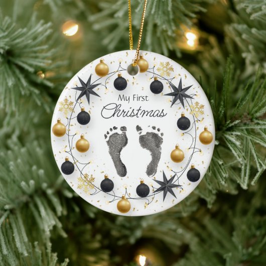 Baby's Eerste Kerst Custom Foot Prints Goud Keramisch Ornament
