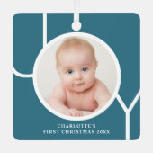 Baby's Eerste Kerst Custom Keepsake Foto Blauwgroe Metalen Ornament (Voorkant)
