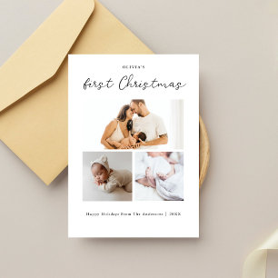 Baby's Eerste Kerst Eenvoudige Moderne Drie Foto Feestdagenkaart