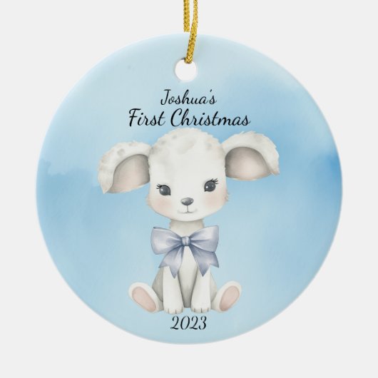 Baby's eerste kerst geit blauw gepersonaliseerd keramisch ornament (Voorkant)