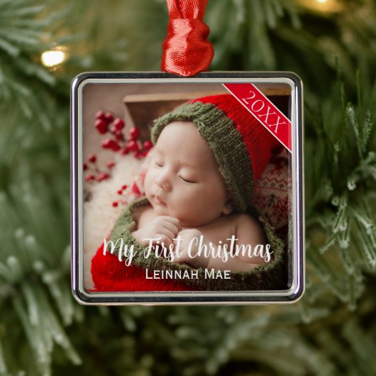 Baby's eerste kerst gepersonaliseerde foto aandenk metalen ornament (Boom)