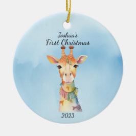 Baby's eerste kerst Giraffe blauw gepersonaliseerd Keramisch Ornament