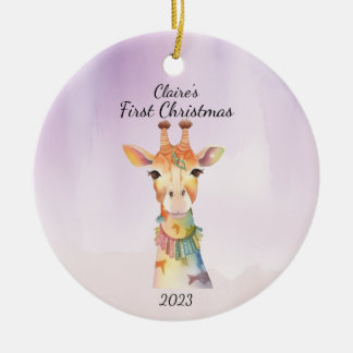 Baby's eerste kerst Giraffe Paarse gepersonaliseer Keramisch Ornament