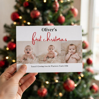 Baby's eerste kerst groen rood geruit 4 foto kaart