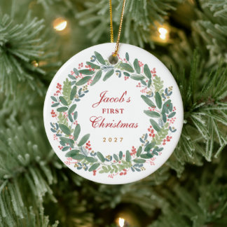 Baby's eerste kerst met waterverfkrans keramisch ornament
