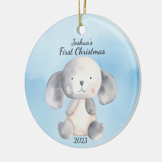 Baby's eerste kerst puppy blauw gepersonaliseerd keramisch ornament (Links)