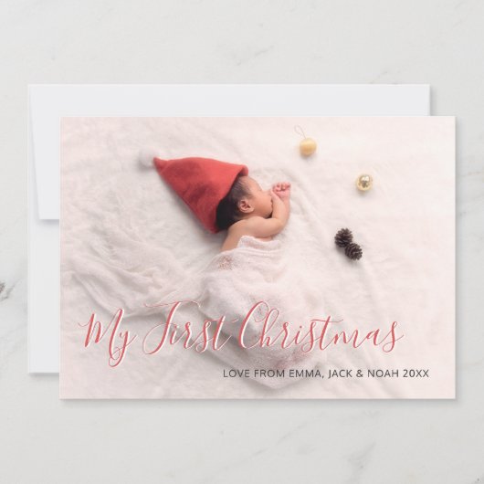 Baby's Eerste Kerst Red Script Familiefoto Feestdagenkaart (Voorkant)