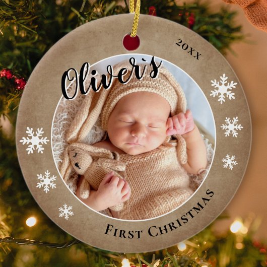 Baby's eerste kerst rustieke naam foto keramisch ornament