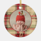 Baby's eerste kerst  versleten Plaid Foto Keramisch Ornament (Voorkant)