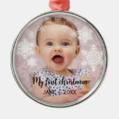 Baby's eerste kerst witte sneeuwvlokken metalen ornament (Voorkant)