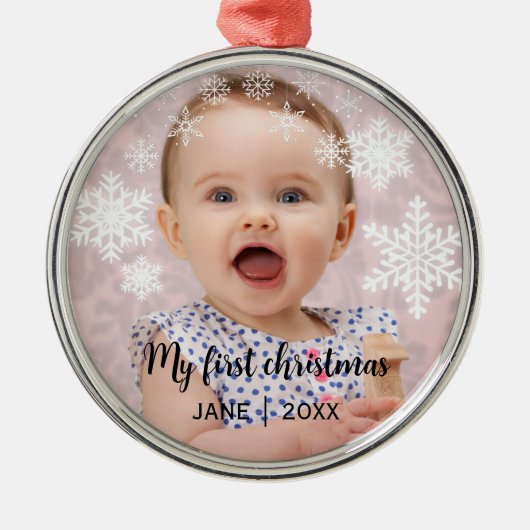 Baby's eerste kerst witte sneeuwvlokken metalen ornament (Voorkant)