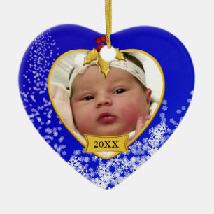 Baby's eerste kerstblauwe foto Snowy Keramisch Ornament