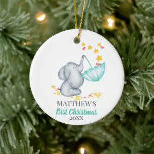 Baby's eerste kerstcadeautje olifant en sterren keramisch ornament