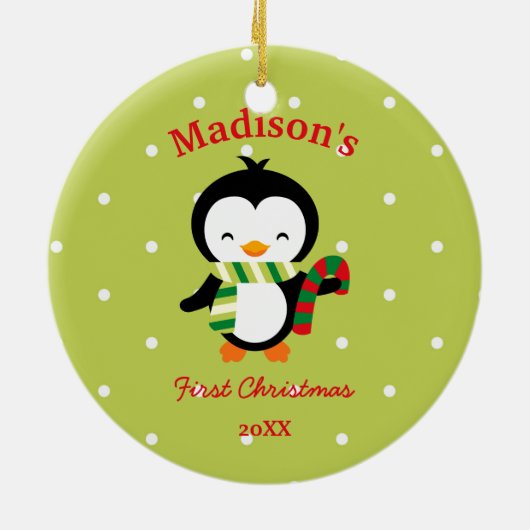 Baby's eerste kerstcadeautje pinguïn en poka dots keramisch ornament (Achterkant)