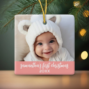 Baby's eerste kerstfeest - Eenvoudig koraalroze me Keramisch Ornament