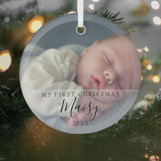 Baby's Eerste Kerstfeest Foto Elegant Script Glas Ornament